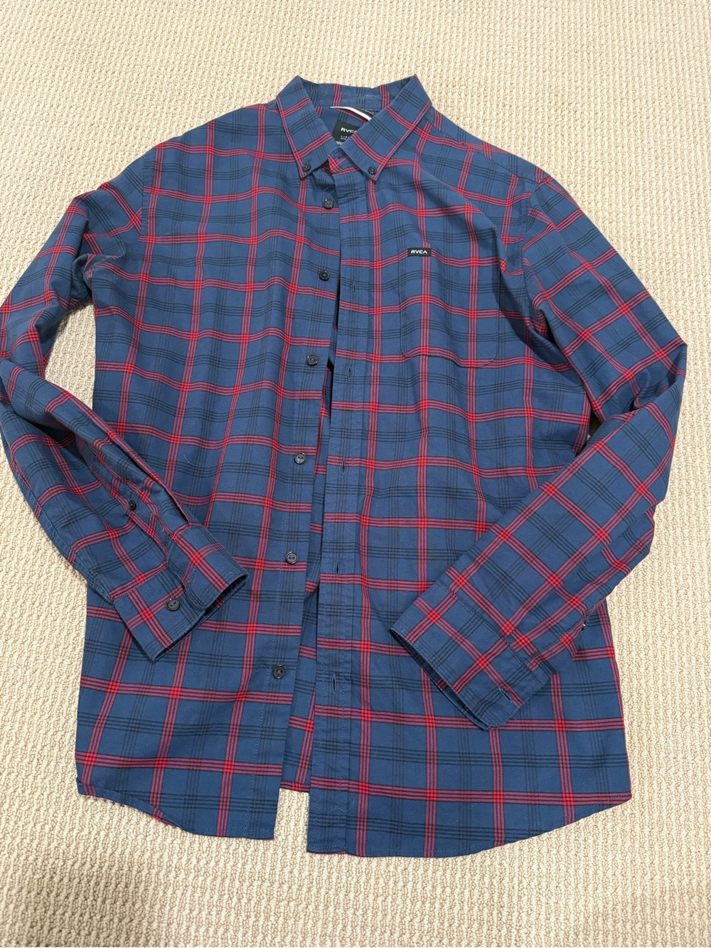 RVCA Men’s Navy and Red Plaid Button-Down Shirt